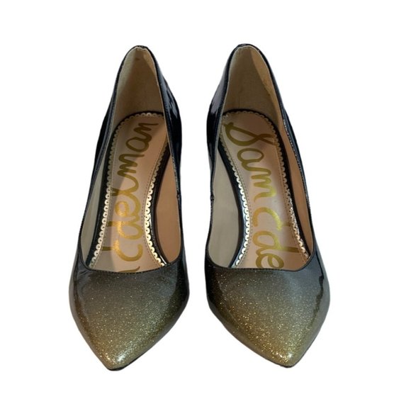 Sam Edelman Hazel Pump Pointed Toe Stiletto Black Gold Sparkle High Heels Sz 9.5 - Picture 2 of 8